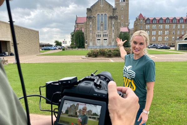 “Good Roots” host Lauren McCullough is filmed on the grounds of Subiaco Abbey June 24. (Courtesy Arkansas PBS)