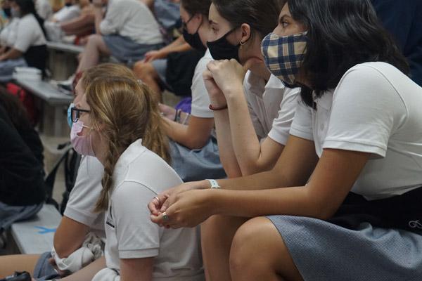 Seniors at Mount St. Mary Academy in Little Rock listened at a back-to-school forum Aug. 17 about handbook policy updates and school news. All Catholic high schools in Arkansas require masks indoors. (Aprille Hanson Spivey photo) 