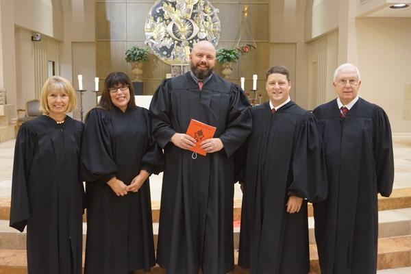 Several members of the legal community attended the Red Mass, including (left -right) Rita Gruber, Arkansas Court of Appeals; Stephanie Casady, Saline County District Court judge; Ken Casady, Saline County District Court judge; Shawn Johnson, Pulaski County Circuit Court judge and president of the St. Thomas More Society of Arkansas; and Jim Hamilton, retired North Little Rock District Court judge. (Chris Price photo) 
