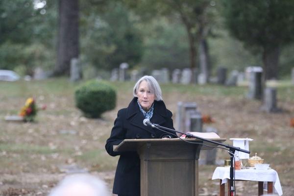 Lector Liz Tingquist read from the Book of Wisdom and St. Paul’s Letter to the Romans during the Liturgy of the Word, as well as the names of the faithful departed  at the All Souls Mass at Calvary Cemetery in Little Rock Nov. 2. (Photo Chris Price)