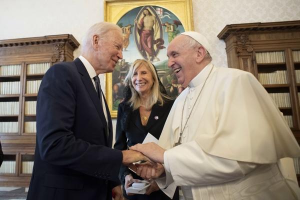 U.S. President Joe Biden greets Pope Francis during a meeting at the Vatican Oct. 29, 2021. Biden, the nation's second Catholic president, spent 75 minutes talking to the pope privately and later told reporters that the pope had indicated that he was a "good Catholic." (CNS photo/Vatican Media)