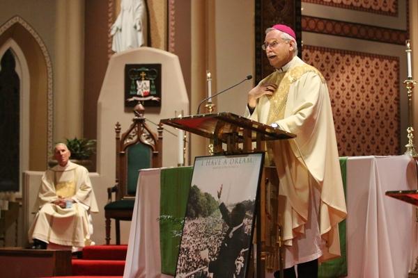 Bishop Anthony B. Taylor delivers his homily, which received an ovation from the congregation, at the 35th Annual Dr. Martin Luther King Jr. Memorial Mass at the Cathedral of St. Andrew Jan. 15. (Chris Price photo)