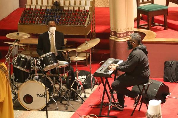 Drummer Mark Ware from St. Augustine and St. Bartholomew parishes and pianist Keith Savage provided the evening’s music provided music at the 35th Annual Dr. Martin Luther King Jr. Memorial Mass at the Cathedral of St. Andrew Jan. 15. (Chris Price photo) 
