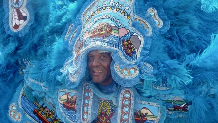 Each year, Mardi Gras Indians make and parade in handmade “suits” featuring intricate beading and feathers. (Chris Price photo)