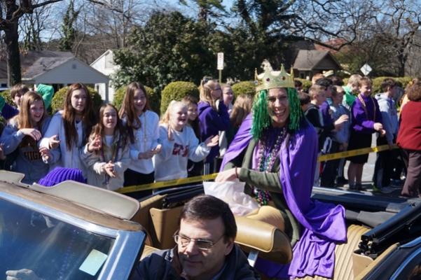 Our Lady of the Holy Souls Junior High Religion Teacher and Class of 1991 alumnae Lynn Milton serves as the queen of the school’s Mardi Gras parade in this file photo from March 5, 2019. (Aprille Hanson Spivey photo)