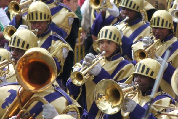 Members of the St. Augustine High School Marching Band play seasonal favorites in the Zulu Parade on Feb. 21, 2012. (Chris Price photo)
