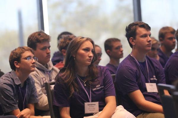Teens from Christ the King Church in Little Rock and Immaculate Conception Church in North Little Rock listen to keynote speaker Jackie Francois Angel’s address at the Diocese of Little Rock’s 70th Annual Catholic Youth Convention April 8 – 10.