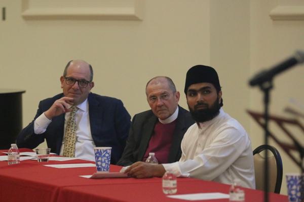 (Left to right) Rabbi Barry Block of the Congregation B’nai Israel, Bishop Larry Benfield of the Episcopal Diocese of Arkansas and Imam Mohammed Nawaz of the Madina Institute and Mosque listen as Saint Thomas More Society of Arkansas President Jim Goodhart delivers closing remarks at the Interfaith Prayer Breakfast, May 6, sponsored by and the Pulaski County Bar Association and the Saint Thomas More Society of Arkansas at McDonald Hall at the Cathedral of St. Andrew in Little Rock as part of the bar association’s Law Week 2022. (Chris Price photo)