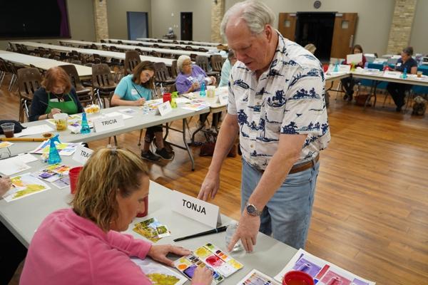Artist Jay Ewing led 15 participants in the “Paint, Paper & Prayer: Awaken Your Inner Artist” workshop April 30 at St. Joseph Church in Conway. 