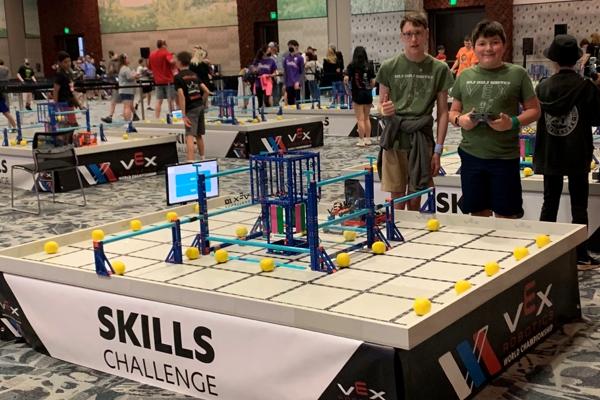 Holy Souls Robotics Team members George Saer and Dean Doose prepare for the skills challenge at the VEX Robotics World Championship in Dallas, May 3-5. The competition featured 688 teams from 49 states, three Native American nations and 27 countries. (Photo courtesy Holy Souls School)