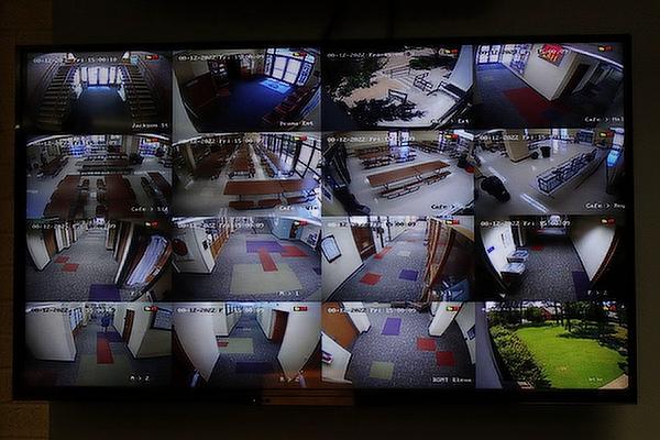 A closed-circuit surveillance system at Mount St. Mary Academy in Little Rock allows administrators to monitor entryways, hallways and campus grounds from the school office, Aug. 12. (Chris Price photo)
