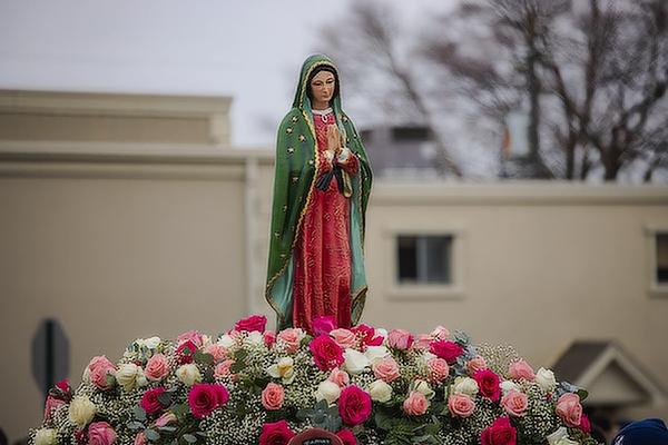 A statue of Our Lady of Guadalupe surrounded by roses led the three mile procession of members of St. Raphael Church in Springdale Sunday, Dec. 11 to celebrate the feast of Our Lady of Guadualupe. (Travis McAfee)