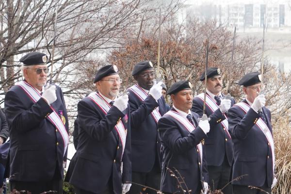 An honor guard of Knights of Columbus from across the diocese raise their swords in a sign of respect at a stop during the Eucharistic Procession for Life in Little Rock's Riverfront Park, Jan. 22. (Malea Hargett photo)  