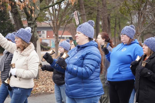 The handbell choir at Mary Mother of God Church in Harrison was invited to provide music for the Eucharistic Procession for Life in Little Rock's Riverfront Park, Jan. 22. (Malea Hargett photo)