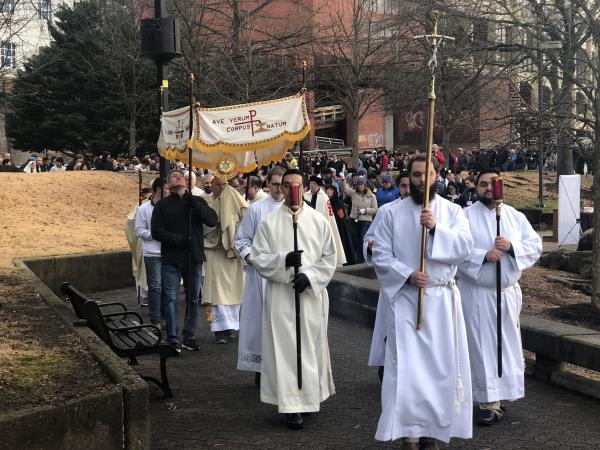 The Eucharistic Procession for Life, which wound through Riverfront Park in Little Rock, kicked off a day full of events, including the Mass and March for Life, Jan. 22. (Chris Price photo)