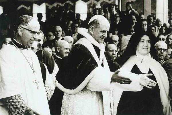 St. Paul VI is pictured next to Carmelite Sister Lucia dos Santos, one of the three Fatima visionaries, during a visit to the Marian shrine in Fatima, Portugal, May 13, 1967. She was declared "venerable" on June 22 by Pope Francis. (OSV News / courtesy Diocese of Brescia, Italy)  