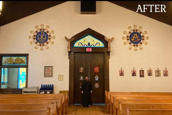 In celebration of its 100th anniversary, Holy Redeemer Church in El Dorado recently repainted and added intricate details to their parish interior. Pastor Father Eddie D’Almeida stands in front of the interior doors in the “after” photo.