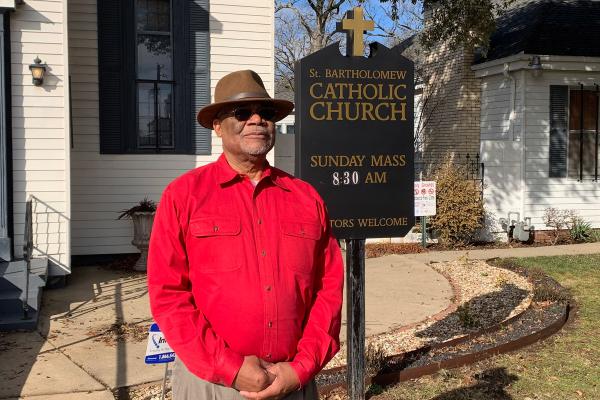 Lee Lindsey, the first Black graduate of Catholic High School in Little Rock, stands outside of his parish, St. Bartholomew Church in Little Rock, Jan. 28. Lindsey said the lack of Black parochial schools and community outreach have had a negative impact on the Black Catholic community. (Katie Zakrzewski)