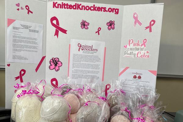 Members of the Krafty Belles arts and crafts club at Mount St. Mary Academy in Little Rock made poster boards to educate the school and community about breast cancer and Knitted Knockers breast prostheses. Courtesy Tara Gilmore