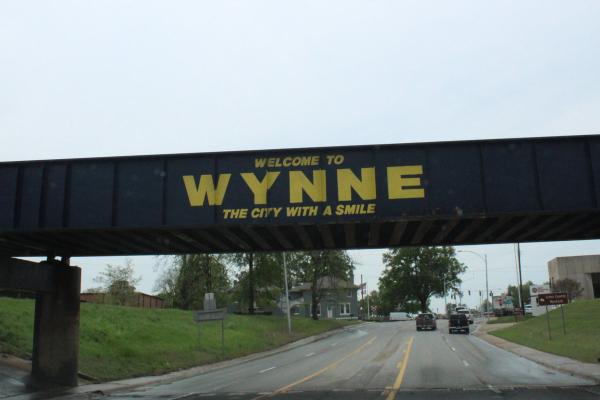 Just blocks away from where the tornado hit, a sign welcomes visitors to Wynne. Photo taken April 11, 2024.(Katie Zakrzewski)